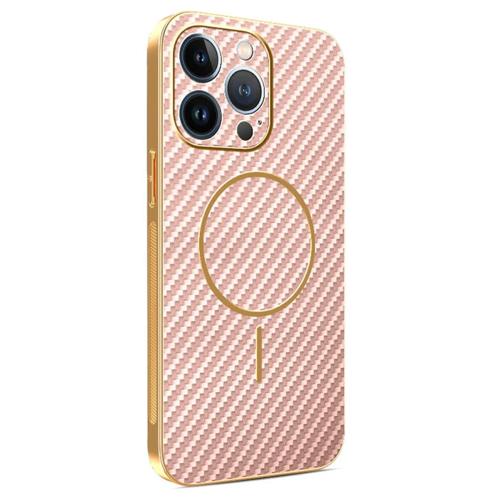 For iPhone 13 Pro Phone Case Carbon Fiber Textured Electroplated TPU Back Cover - Pink - 1