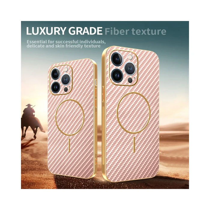 For iPhone 13 Pro Phone Case Carbon Fiber Textured Electroplated TPU Back Cover - Pink - 4