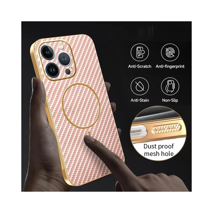 For iPhone 13 Pro Phone Case Carbon Fiber Textured Electroplated TPU Back Cover - Pink - 6