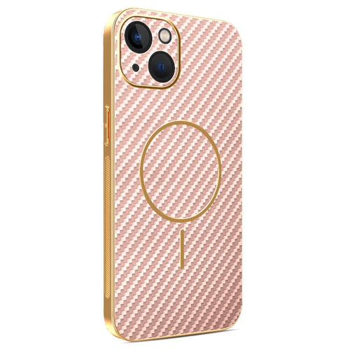 For iPhone 13 Phone Case Carbon Fiber Textured Electroplated TPU Back Cover - Pink - 1