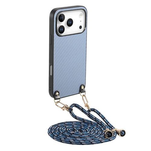 For iPhone 17 Pro Case Carbon Fiber Texture PU + PC + TPU Anti Drop Phone Cover with Crossbody Lanyard - Blue - 1