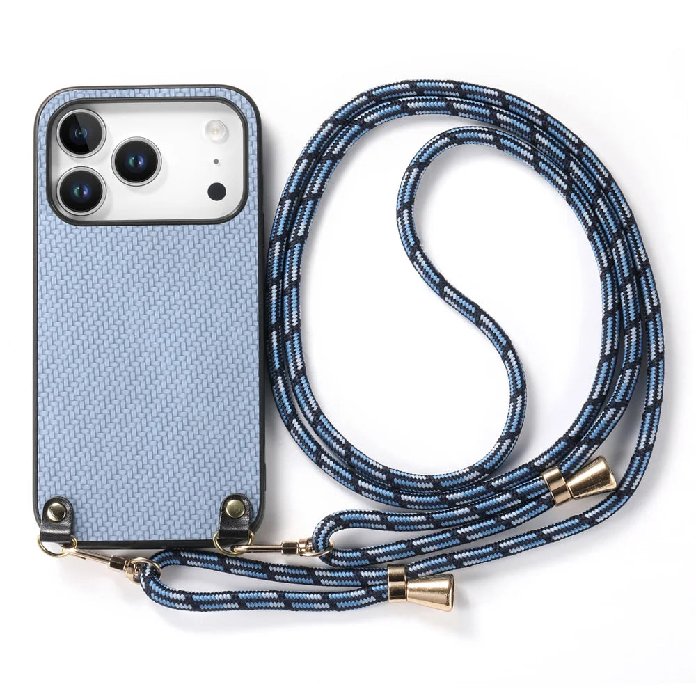 For iPhone 17 Pro Case Carbon Fiber Texture PU + PC + TPU Anti Drop Phone Cover with Crossbody Lanyard - Blue - 2