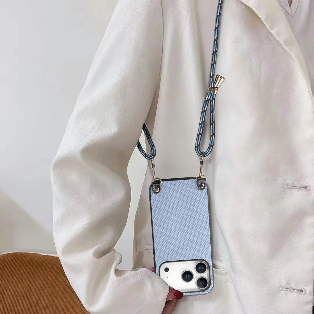 For iPhone 17 Pro Case Carbon Fiber Texture PU + PC + TPU Anti Drop Phone Cover with Crossbody Lanyard - Blue - 3