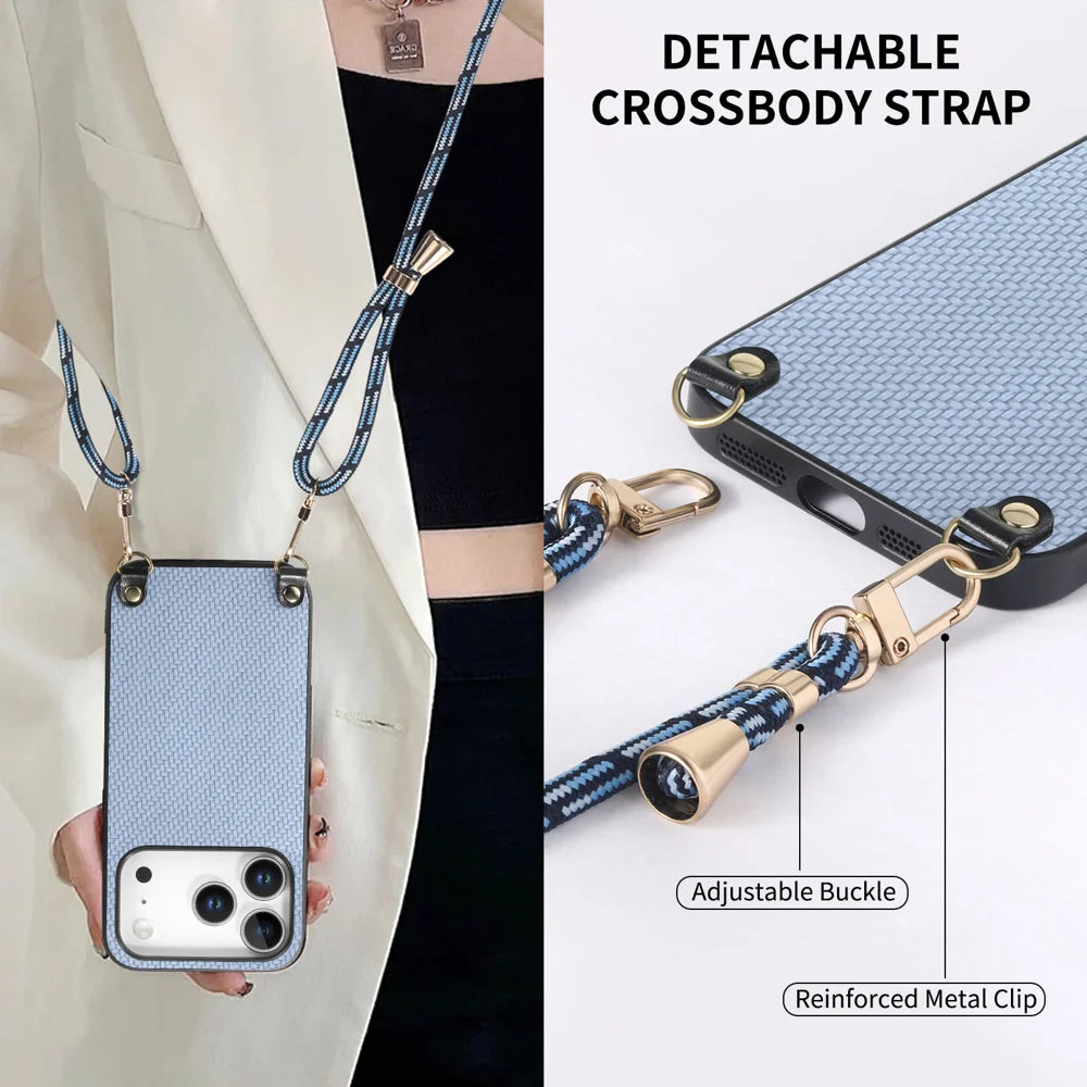 For iPhone 17 Pro Case Carbon Fiber Texture PU + PC + TPU Anti Drop Phone Cover with Crossbody Lanyard - Blue - 7