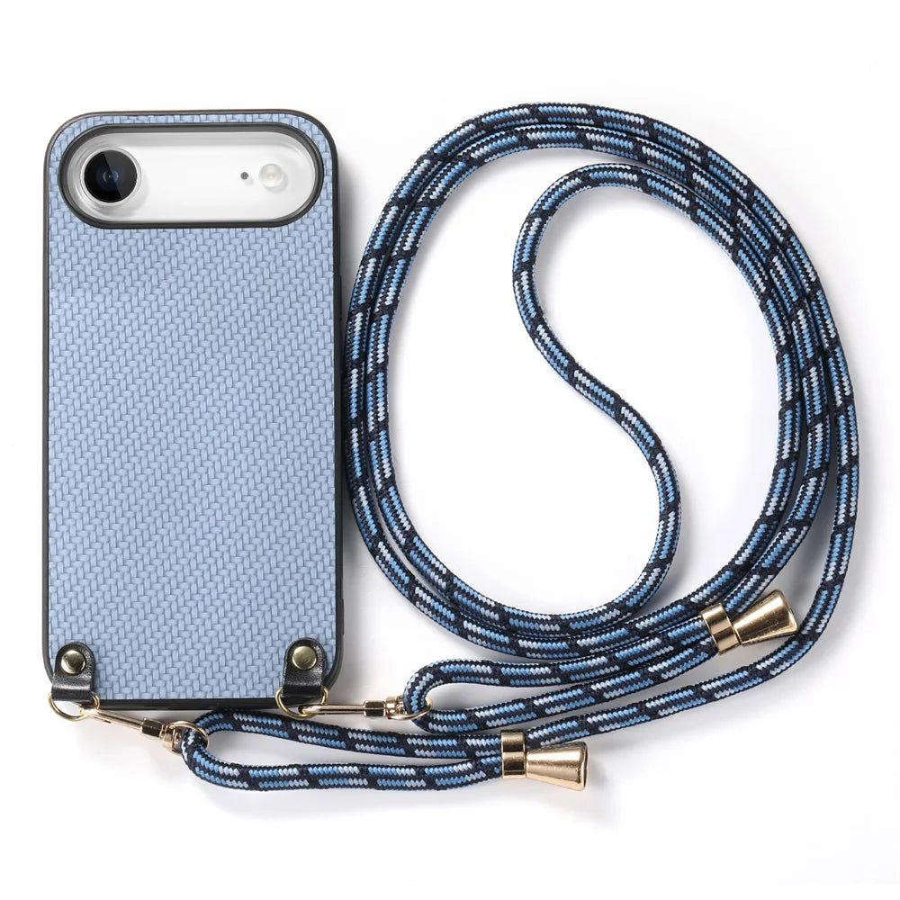 For iPhone Air Case Carbon Fiber Texture PU + PC + TPU Anti Drop Phone Cover with Crossbody Lanyard - Blue - 2