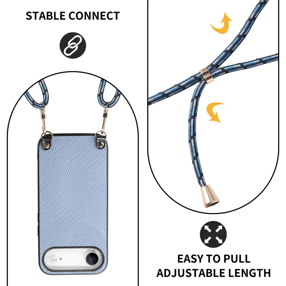 For iPhone Air Case Carbon Fiber Texture PU + PC + TPU Anti Drop Phone Cover with Crossbody Lanyard - Blue - 3