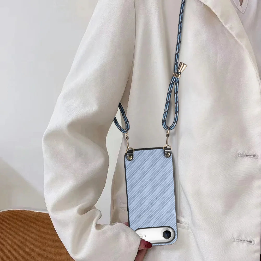 For iPhone Air Case Carbon Fiber Texture PU + PC + TPU Anti Drop Phone Cover with Crossbody Lanyard - Blue - 4