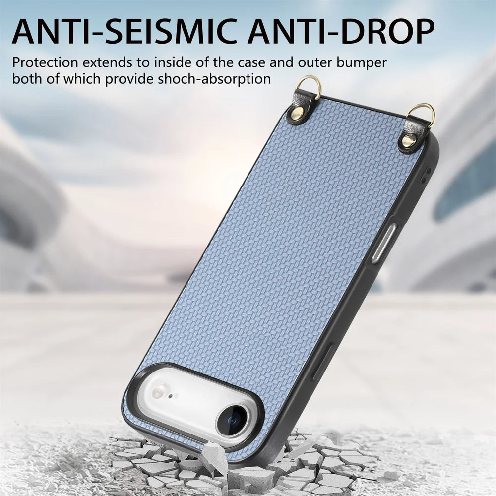 For iPhone Air Case Carbon Fiber Texture PU + PC + TPU Anti Drop Phone Cover with Crossbody Lanyard - Blue - 5