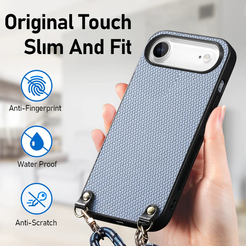 For iPhone Air Case Carbon Fiber Texture PU + PC + TPU Anti Drop Phone Cover with Crossbody Lanyard - Blue - 6
