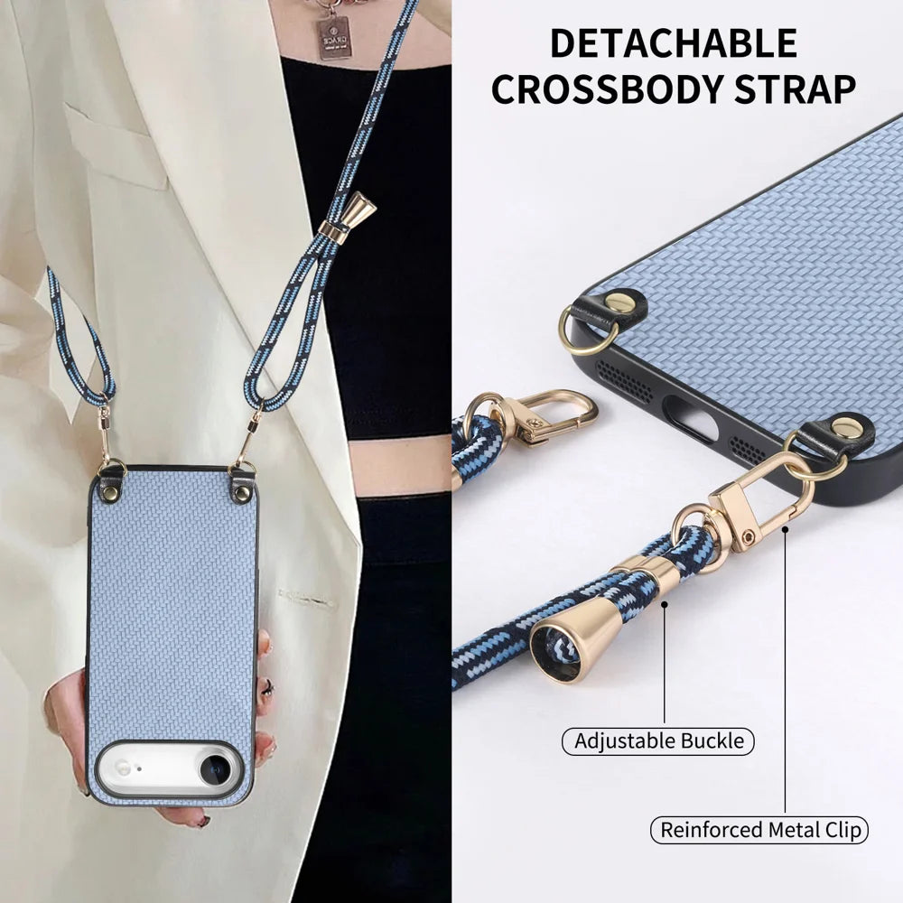 For iPhone Air Case Carbon Fiber Texture PU + PC + TPU Anti Drop Phone Cover with Crossbody Lanyard - Blue - 7