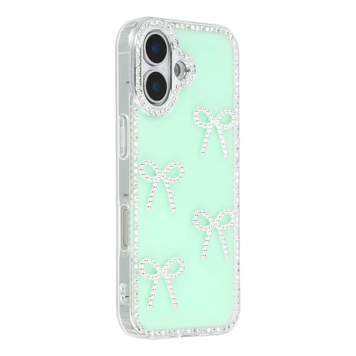 For iPhone 17 Case Rhinestone Edge Butterfly Bow Decor TPU + PC IMD Phone Cover - Glitter Light Green - 1