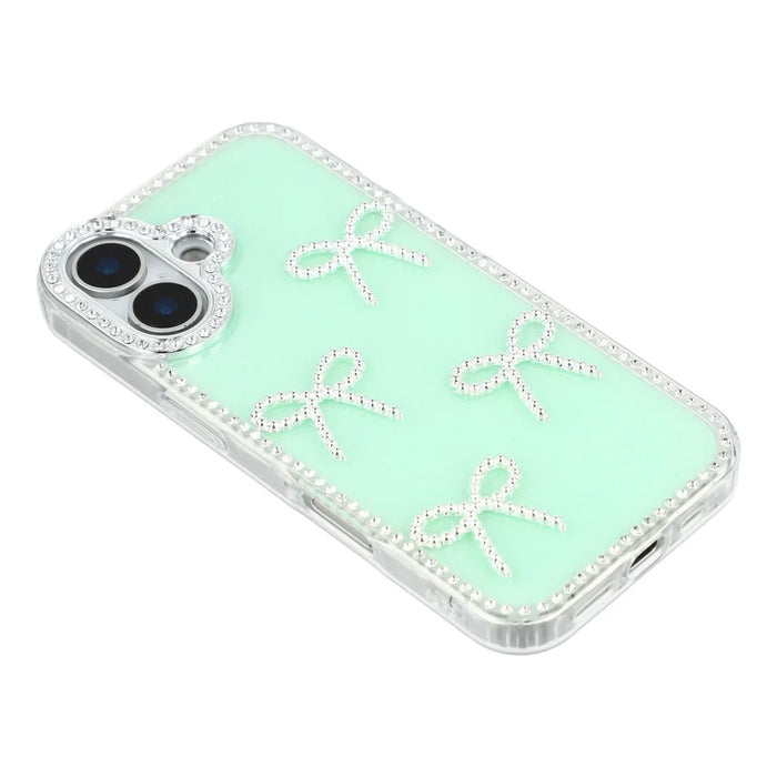 For iPhone 17 Case Rhinestone Edge Butterfly Bow Decor TPU + PC IMD Phone Cover - Glitter Light Green - 4