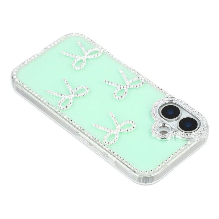 For iPhone 17 Case Rhinestone Edge Butterfly Bow Decor TPU + PC IMD Phone Cover - Glitter Light Green - 5