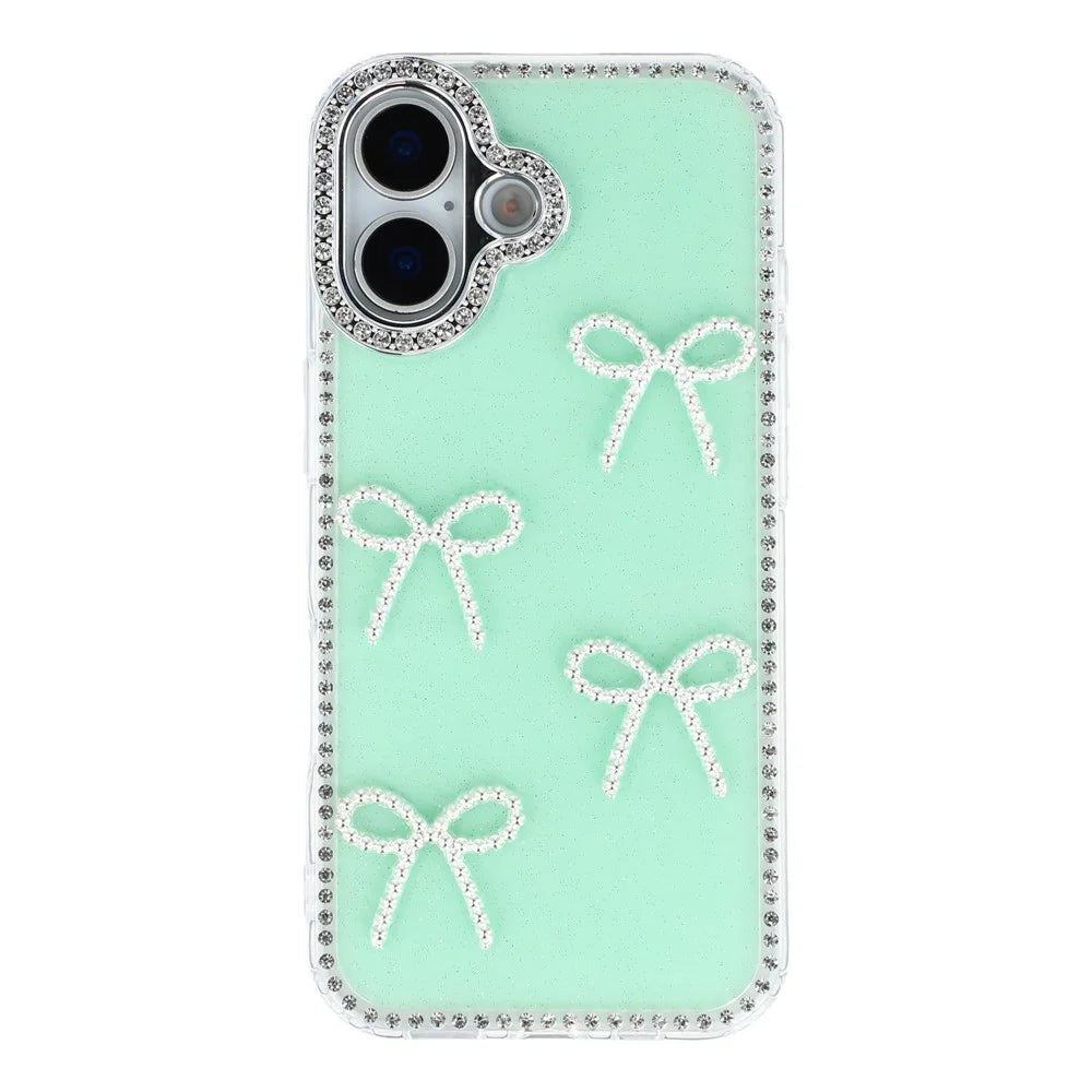 For iPhone 16 Case Rhinestone Edge Butterfly Bow Decor TPU + PC IMD Phone Cover - Glitter Light Green - 3