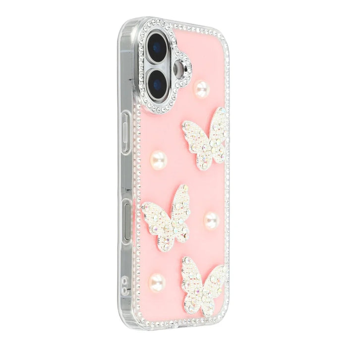 For iPhone 16 Case Rhinestone Edge Pearl Butterfly Decor TPU + PC IMD Phone Cover - Glitter Light Pink - 1