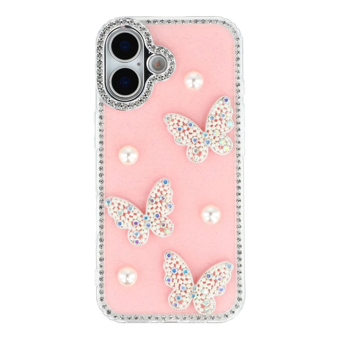 For iPhone 16 Case Rhinestone Edge Pearl Butterfly Decor TPU + PC IMD Phone Cover - Glitter Light Pink - 3