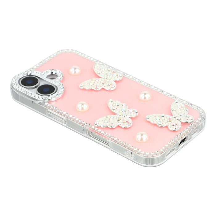 For iPhone 16 Case Rhinestone Edge Pearl Butterfly Decor TPU + PC IMD Phone Cover - Glitter Light Pink - 4