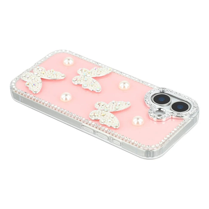 For iPhone 16 Case Rhinestone Edge Pearl Butterfly Decor TPU + PC IMD Phone Cover - Glitter Light Pink - 5