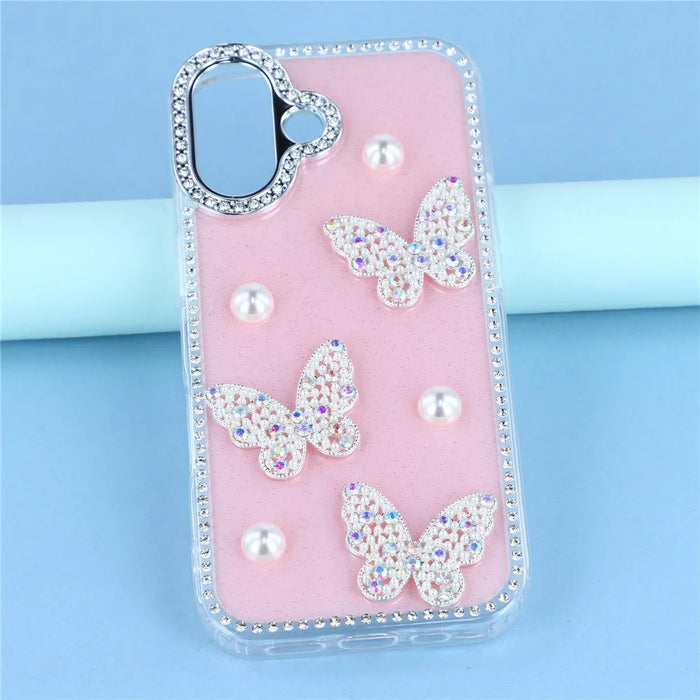For iPhone 16 Case Rhinestone Edge Pearl Butterfly Decor TPU + PC IMD Phone Cover - Glitter Light Pink - 6