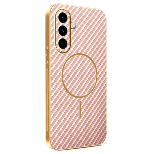 For Samsung Galaxy A56 5G Phone Case Carbon Fiber Textured Electroplated TPU Back Cover - Pink - 1