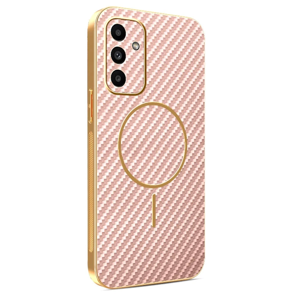 For Samsung Galaxy A15 5G Phone Case Carbon Fiber Textured Electroplated TPU Back Cover - Pink - 1