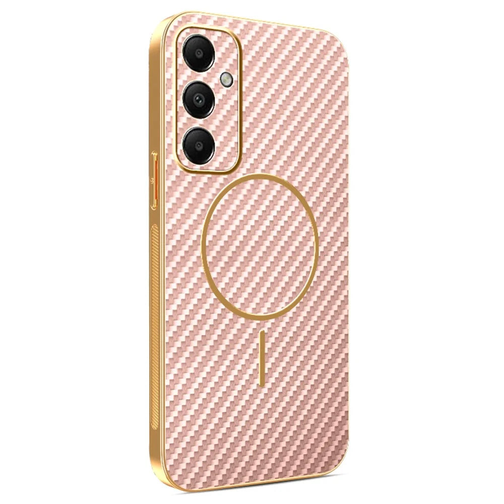 For Samsung Galaxy A05s 4G Phone Case Carbon Fiber Textured Electroplated TPU Back Cover - Pink - 1