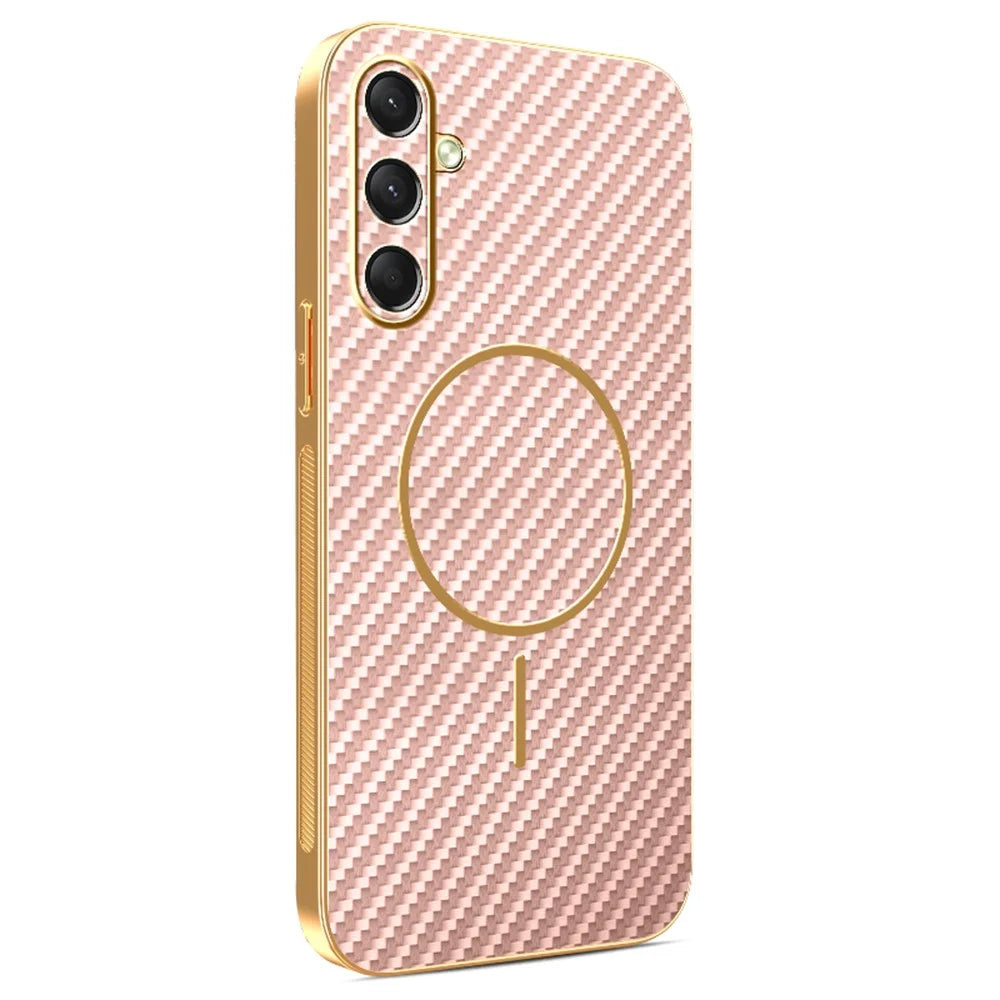 For Samsung Galaxy A16 4G  /  A16 5G Phone Case Carbon Fiber Textured Electroplated TPU Back Cover - Pink - 1