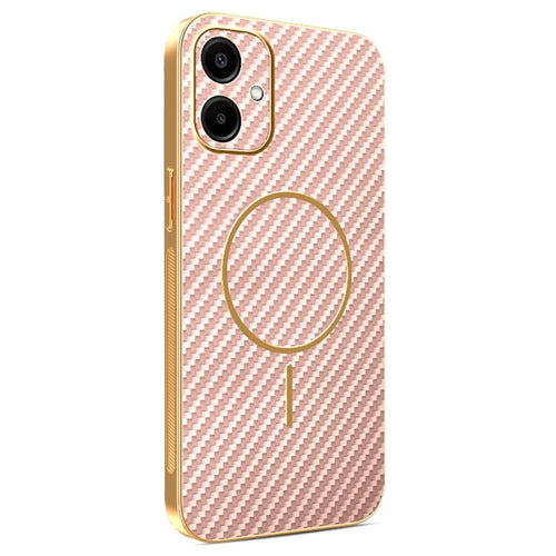 For Samsung Galaxy A06 4G Phone Case Carbon Fiber Textured Electroplated TPU Back Cover - Pink - 1