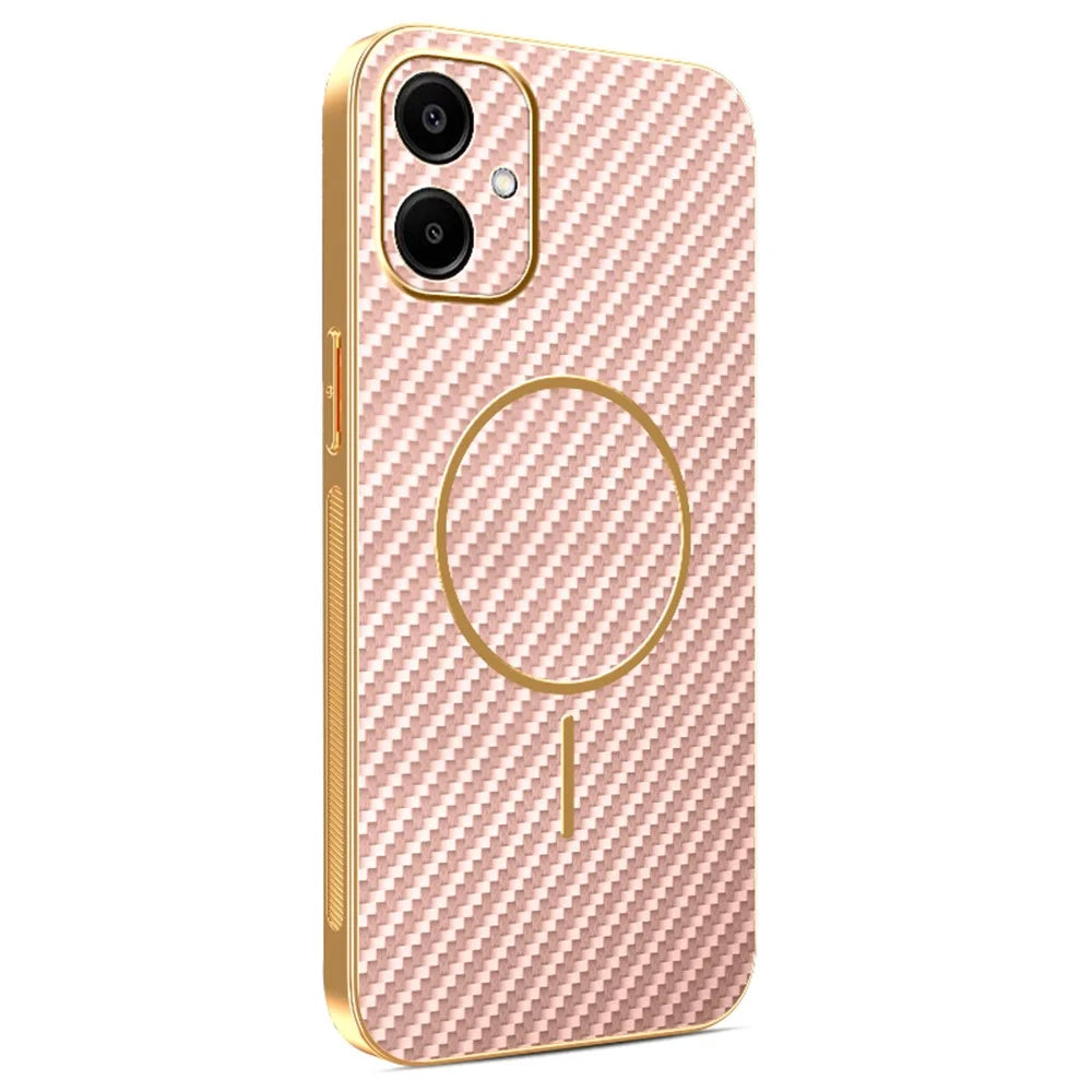 For Samsung Galaxy A06 4G Phone Case Carbon Fiber Textured Electroplated TPU Back Cover - Pink - 1
