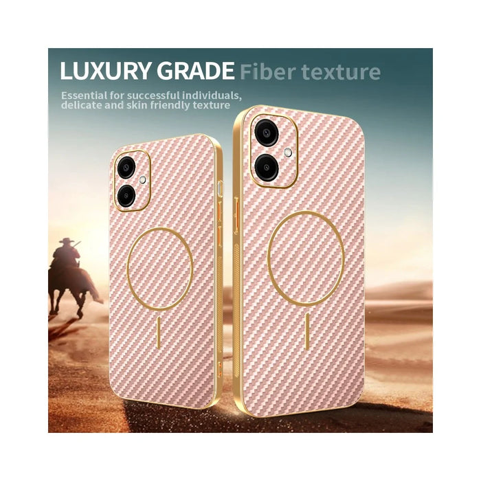 For Samsung Galaxy A06 4G Phone Case Carbon Fiber Textured Electroplated TPU Back Cover - Pink - 4
