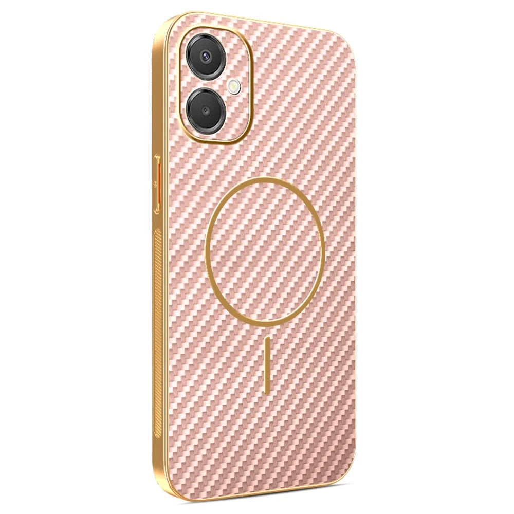 Phone Case For Samsung Galaxy A06 5G / F06 5G / M05 4G / M06 5G Carbon Fiber Textured Electroplated TPU Back Cover - Pink - 1