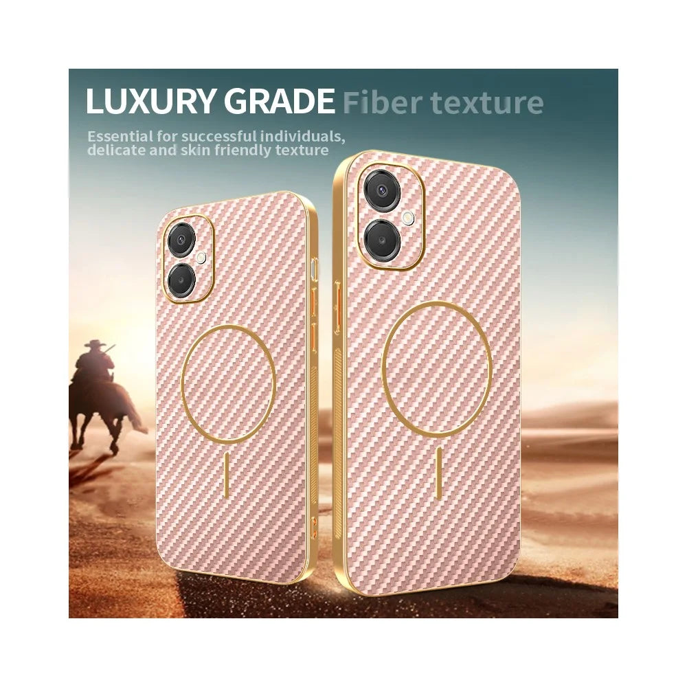 Phone Case For Samsung Galaxy A06 5G / F06 5G / M05 4G / M06 5G Carbon Fiber Textured Electroplated TPU Back Cover - Pink - 4