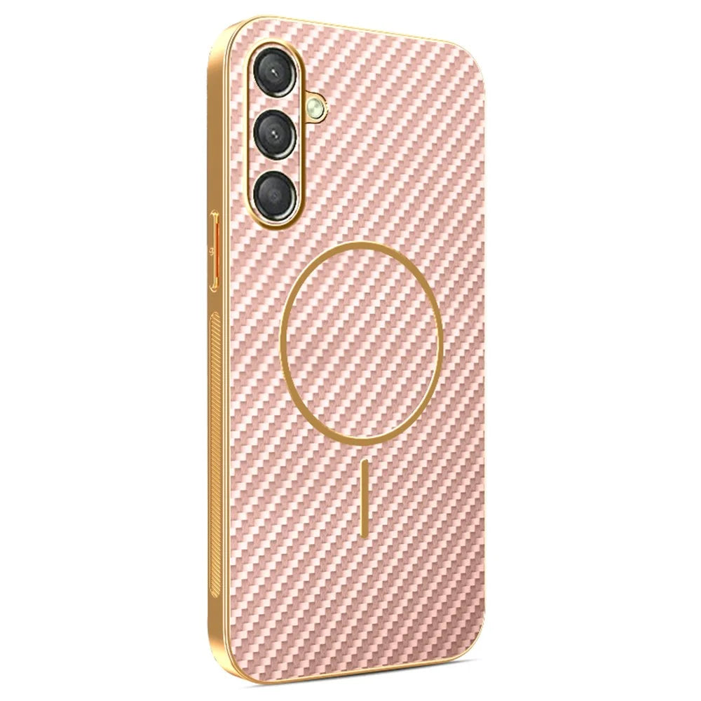 For Samsung Galaxy A25 5G (Global) (161mm) Phone Case Carbon Fiber Textured Electroplated TPU Back Cover - Pink - 1