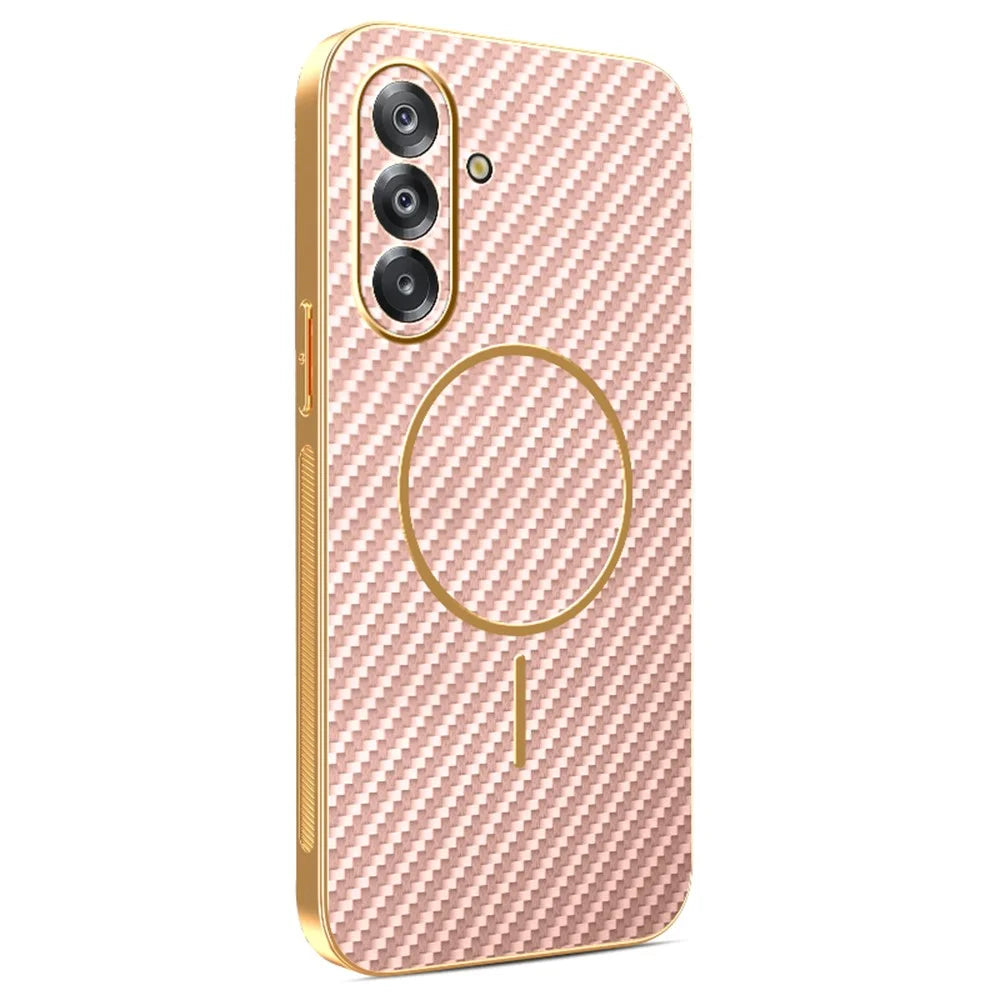 For Samsung Galaxy A26 5G Phone Case Carbon Fiber Textured Electroplated TPU Back Cover - Pink - 1