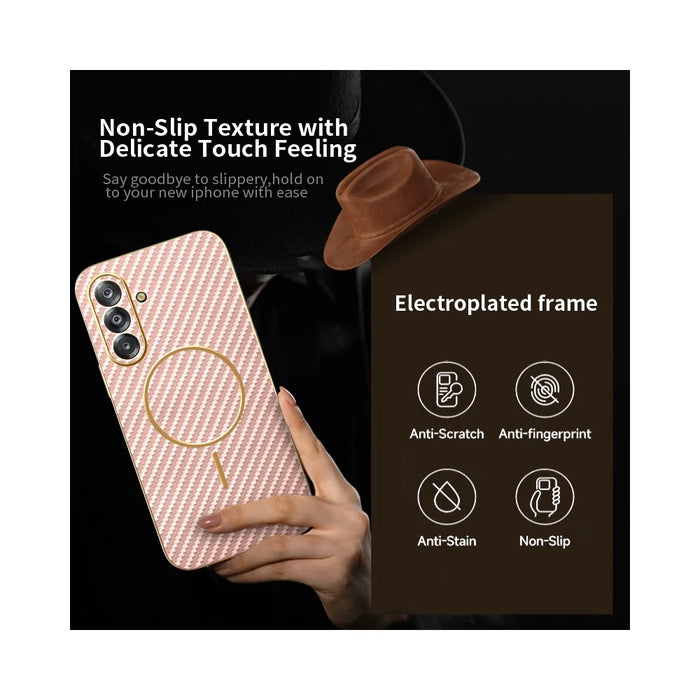 For Samsung Galaxy A26 5G Phone Case Carbon Fiber Textured Electroplated TPU Back Cover - Pink - 3