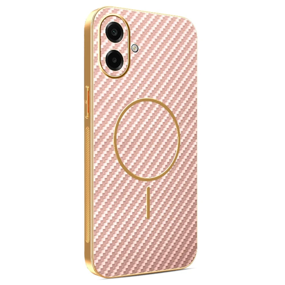 For Samsung Galaxy A08 5G / A08 4G / A07 4G Phone Case Carbon Fiber Textured Electroplated TPU Back Cover - Pink - 1