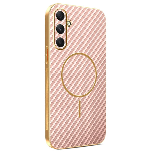 For Samsung Galaxy A35 5G Phone Case Carbon Fiber Textured Electroplated TPU Back Cover - Pink - 1