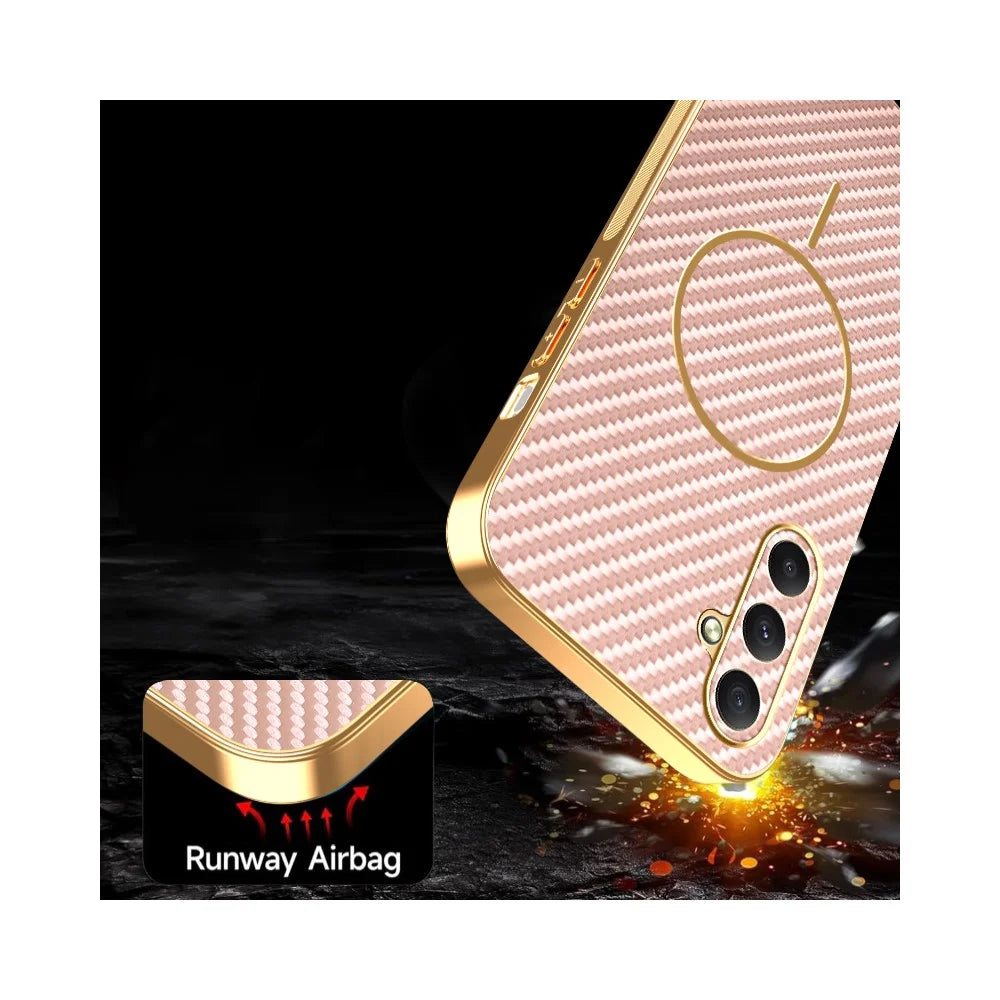 For Samsung Galaxy A35 5G Phone Case Carbon Fiber Textured Electroplated TPU Back Cover - Pink - 7