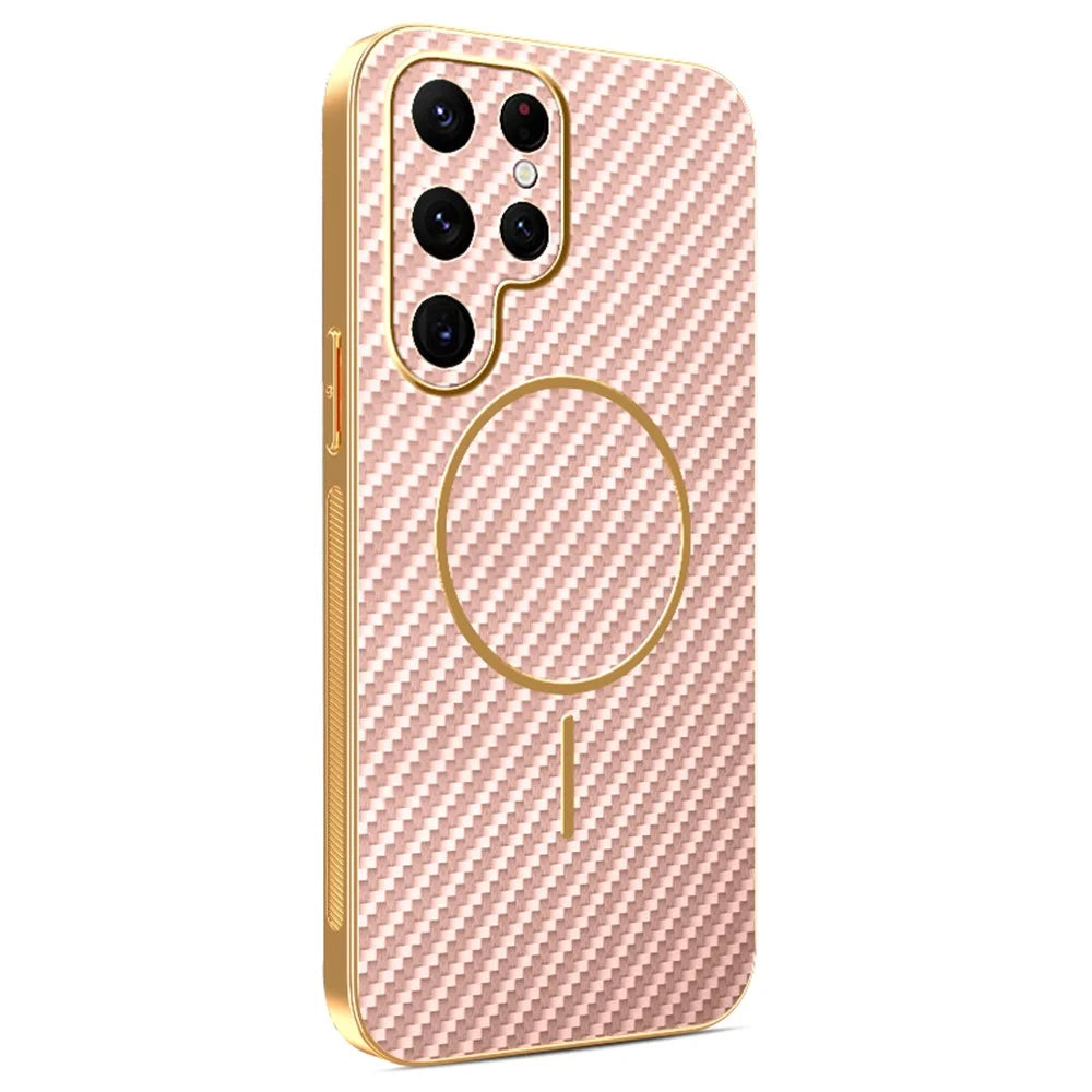 For Samsung Galaxy S22 Ultra 5G Phone Case Carbon Fiber Textured Electroplated TPU Back Cover - Pink - 1