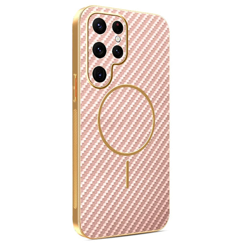 For Samsung Galaxy S22 Ultra 5G Phone Case Carbon Fiber Textured Electroplated TPU Back Cover - Pink - 1