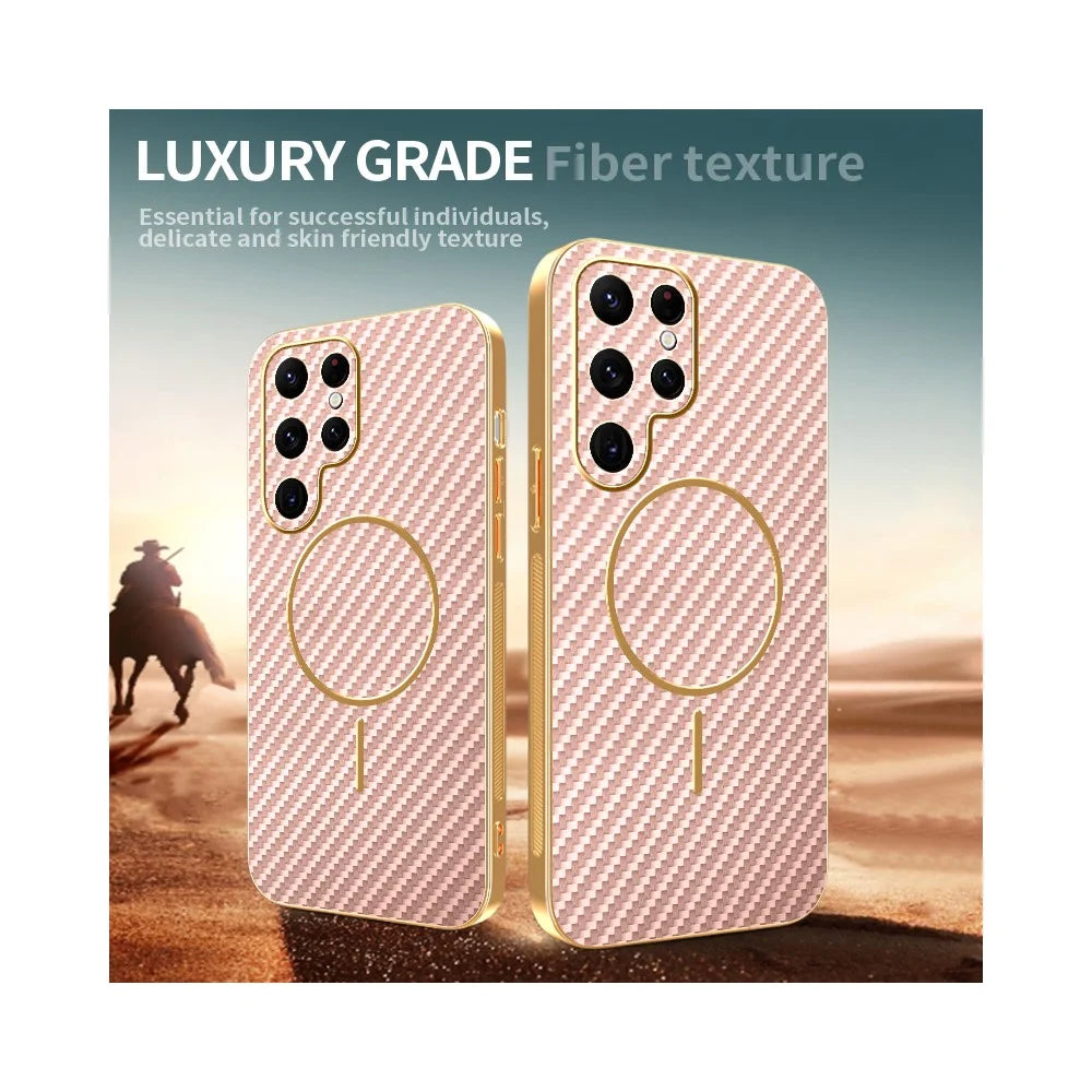 For Samsung Galaxy S22 Ultra 5G Phone Case Carbon Fiber Textured Electroplated TPU Back Cover - Pink - 4