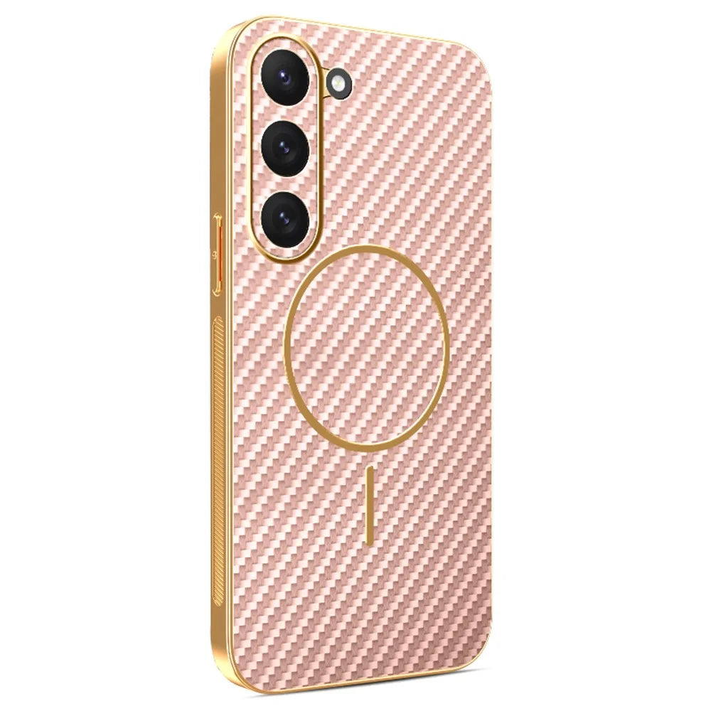 For Samsung Galaxy S23 Phone Case Carbon Fiber Textured Electroplated TPU Back Cover - Pink - 1