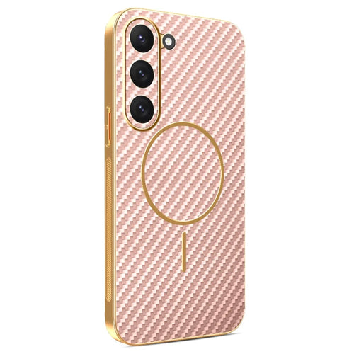 For Samsung Galaxy S23 Phone Case Carbon Fiber Textured Electroplated TPU Back Cover - Pink - 1