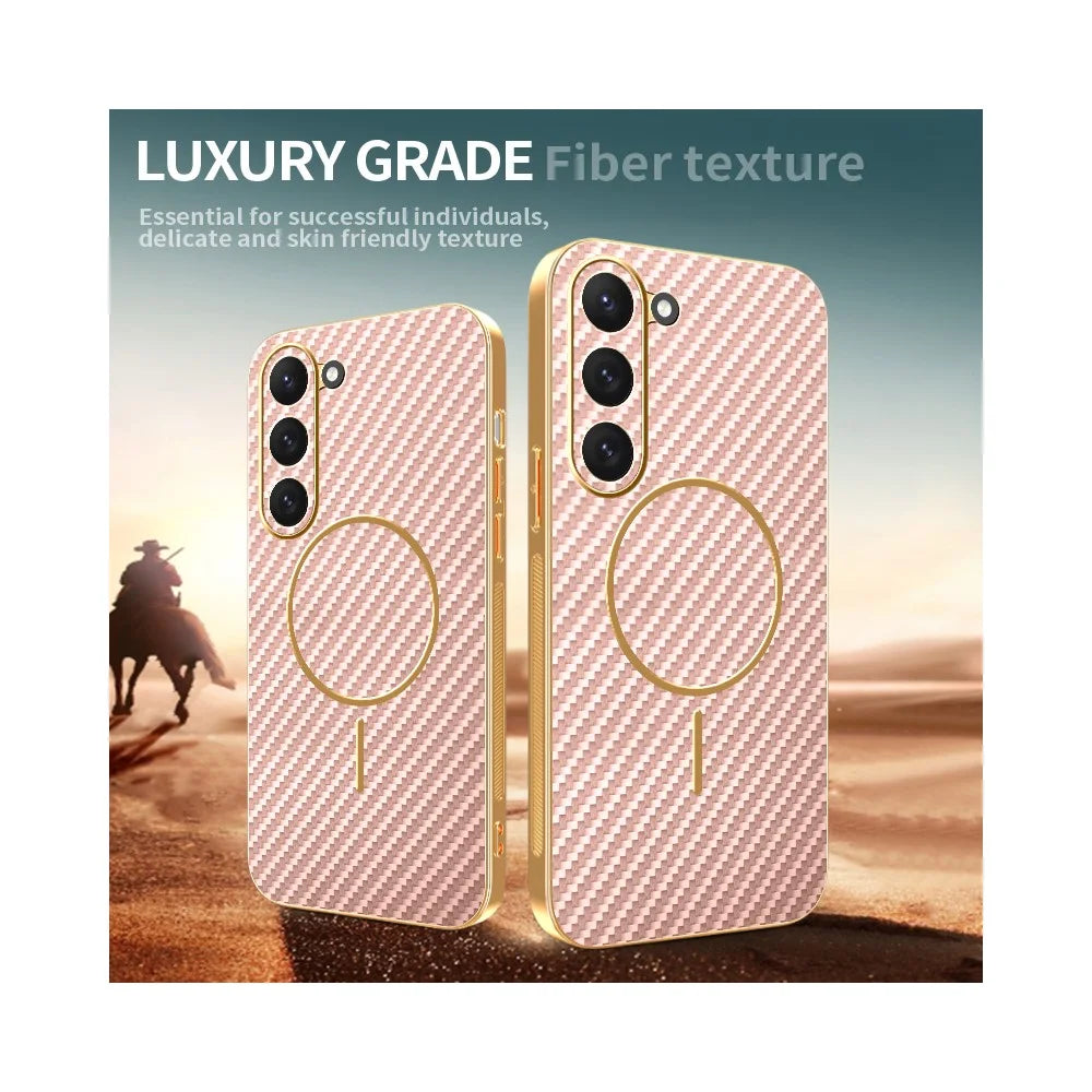 For Samsung Galaxy S23 Phone Case Carbon Fiber Textured Electroplated TPU Back Cover - Pink - 4