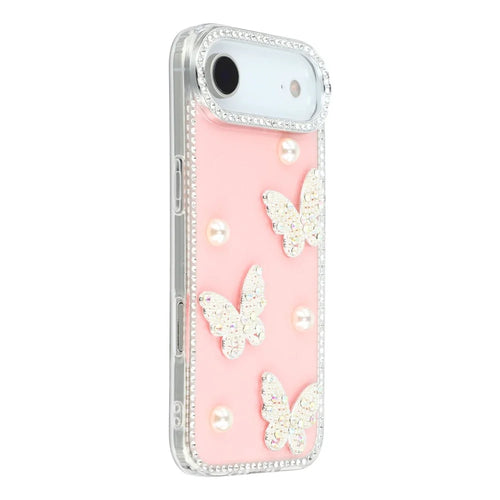 For iPhone Air Case Rhinestone Edge Pearl Butterfly Decor TPU + PC IMD Phone Cover - Glitter Light Pink - 1