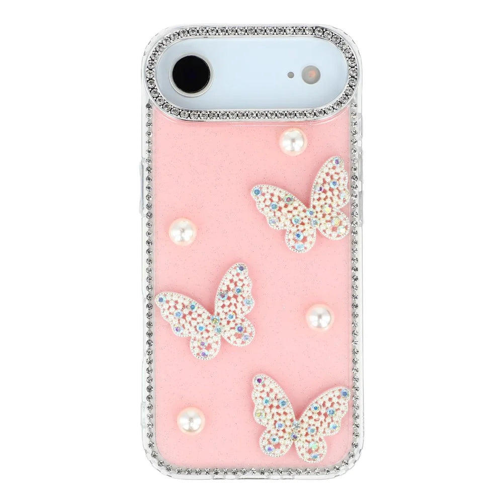 For iPhone Air Case Rhinestone Edge Pearl Butterfly Decor TPU + PC IMD Phone Cover - Glitter Light Pink - 3
