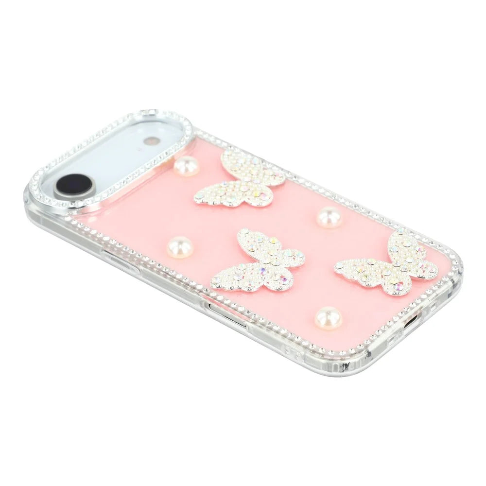 For iPhone Air Case Rhinestone Edge Pearl Butterfly Decor TPU + PC IMD Phone Cover - Glitter Light Pink - 4