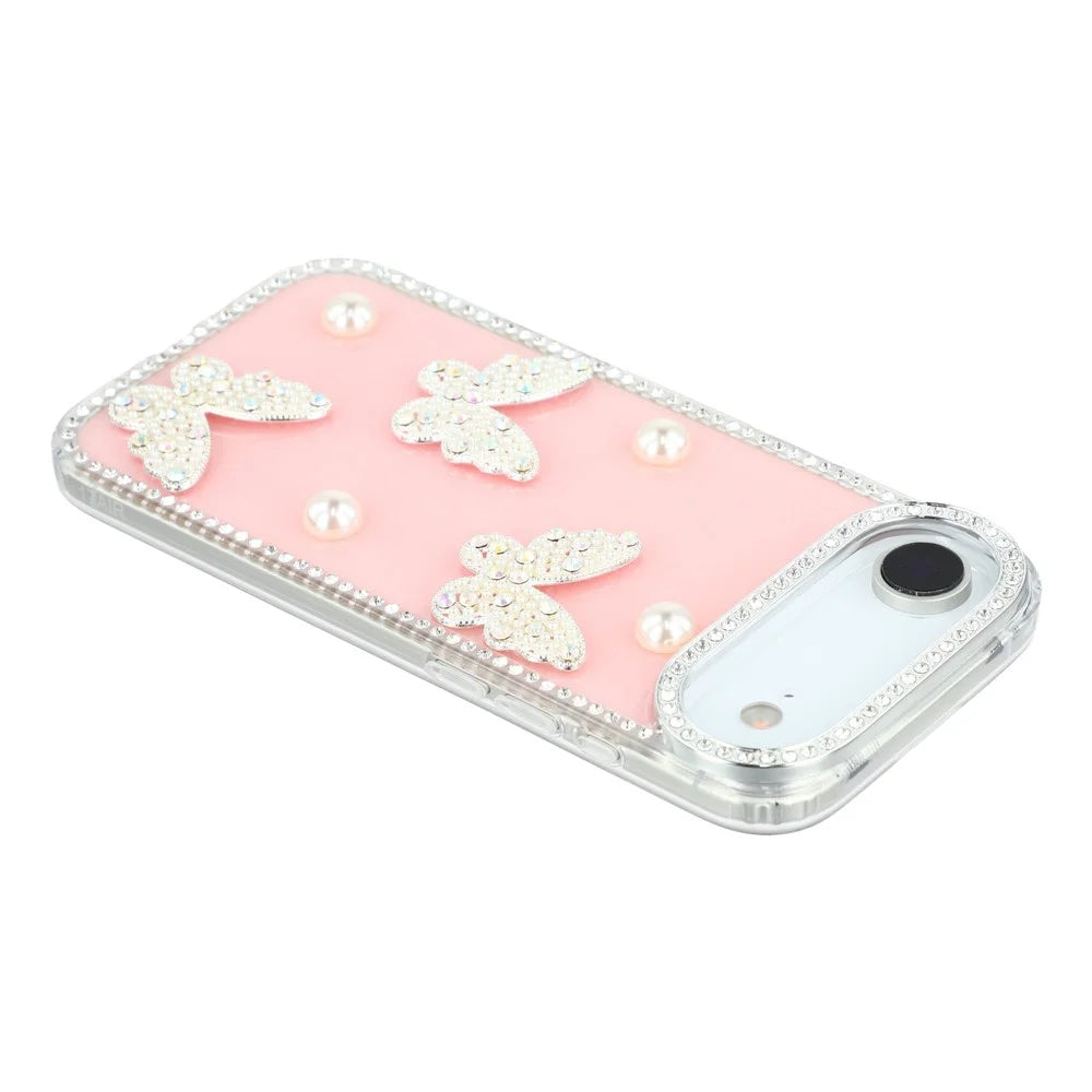 For iPhone Air Case Rhinestone Edge Pearl Butterfly Decor TPU + PC IMD Phone Cover - Glitter Light Pink - 5