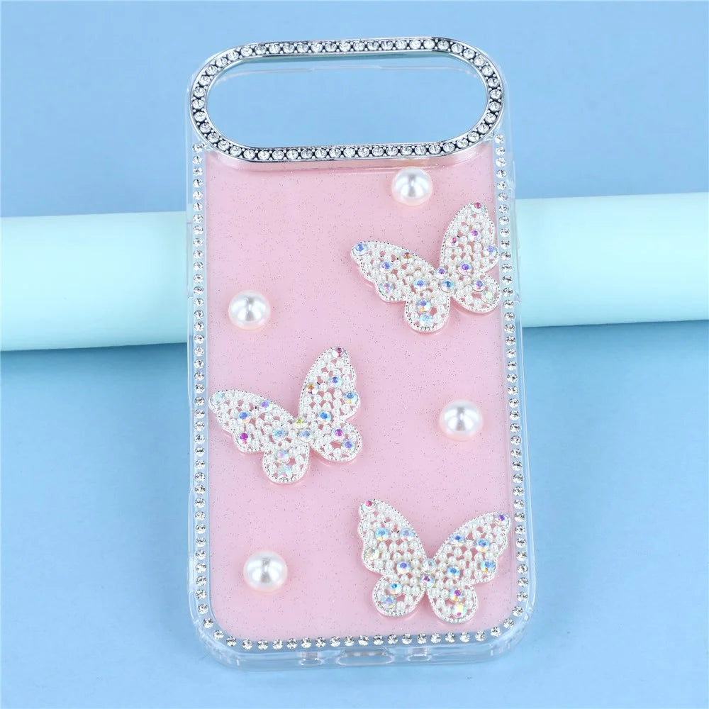 For iPhone Air Case Rhinestone Edge Pearl Butterfly Decor TPU + PC IMD Phone Cover - Glitter Light Pink - 6