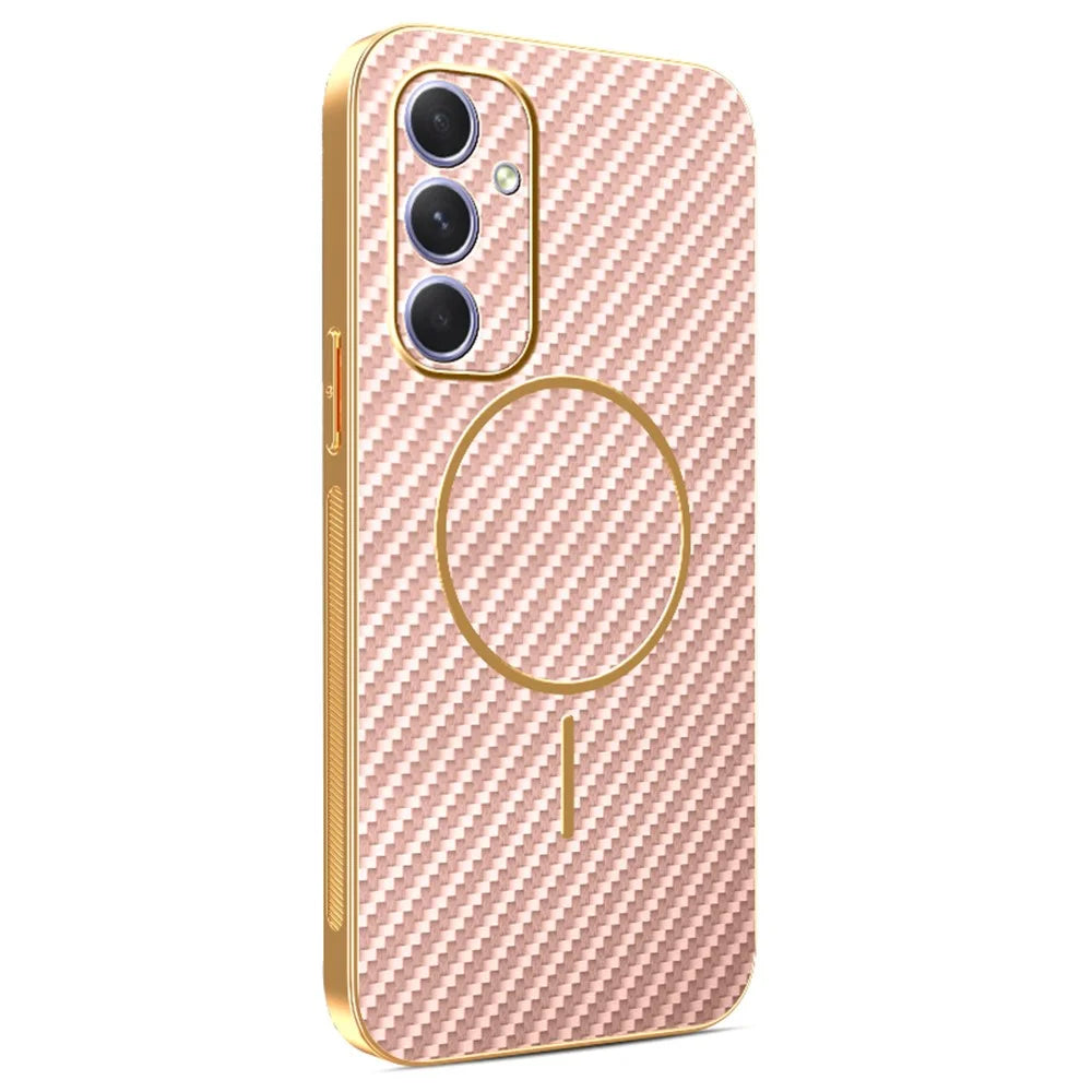 For Samsung Galaxy A54 5G Phone Case Carbon Fiber Textured Electroplated TPU Back Cover - Pink - 1